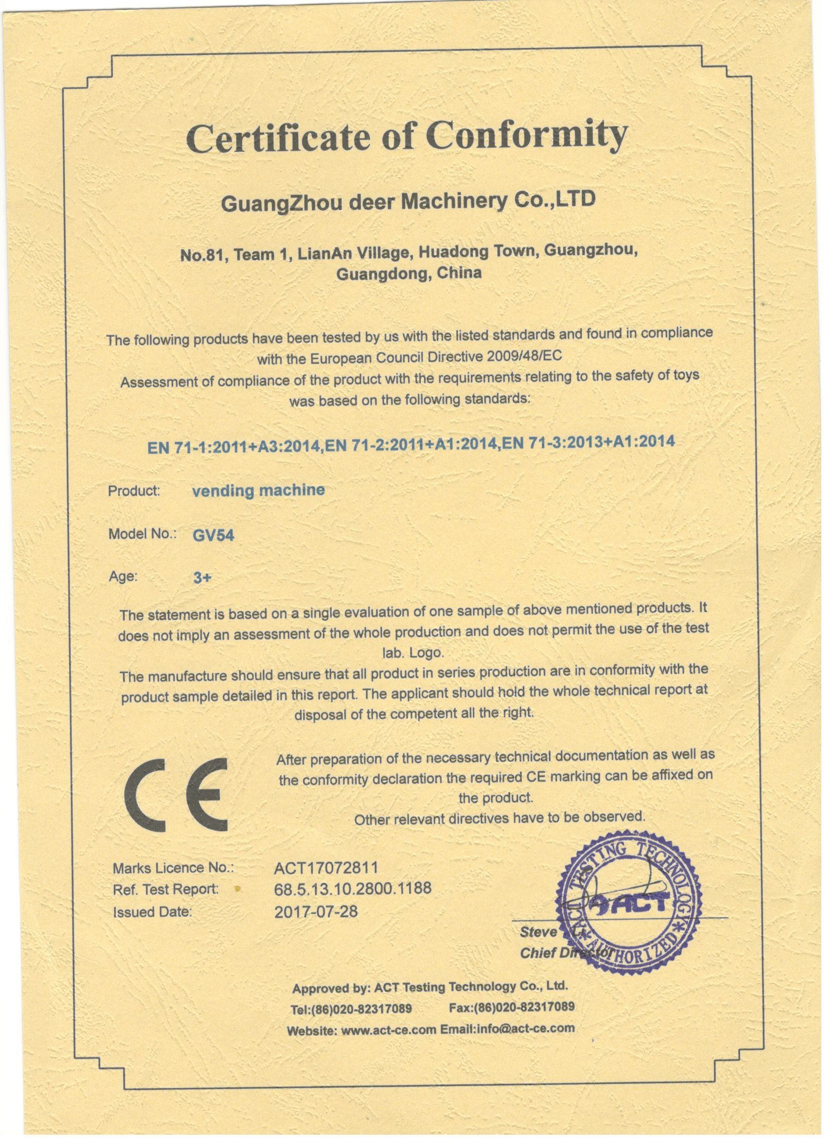 Cina Guangzhou Deer Machinery Co., Ltd. Sertifikasi