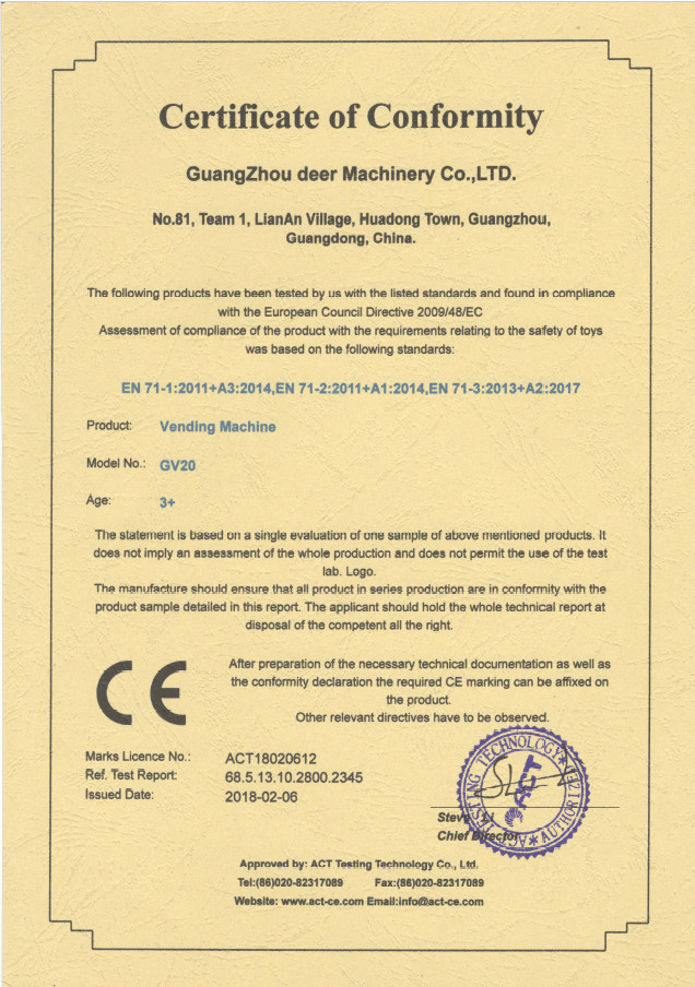 Cina Guangzhou Deer Machinery Co., Ltd. Sertifikasi